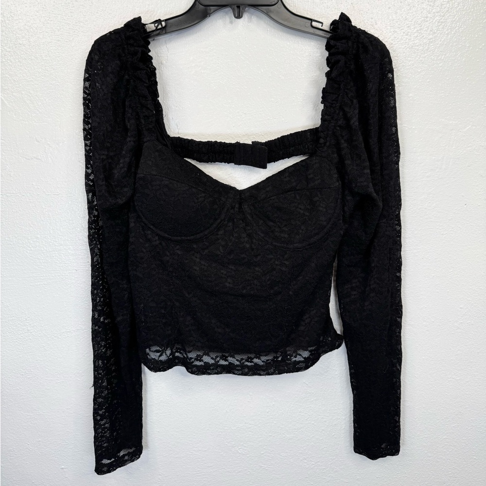 ASTR The Label Corset Bustier Top Size L Black Lace Long Sleeve Semi Open Back